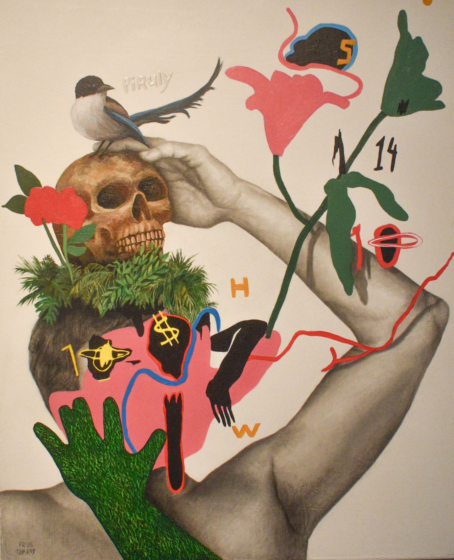 A vibrant and colorful mixed media painting on canvas featuring various abstract and natural motifs including a skull, birds, flowers, and directional symbols.