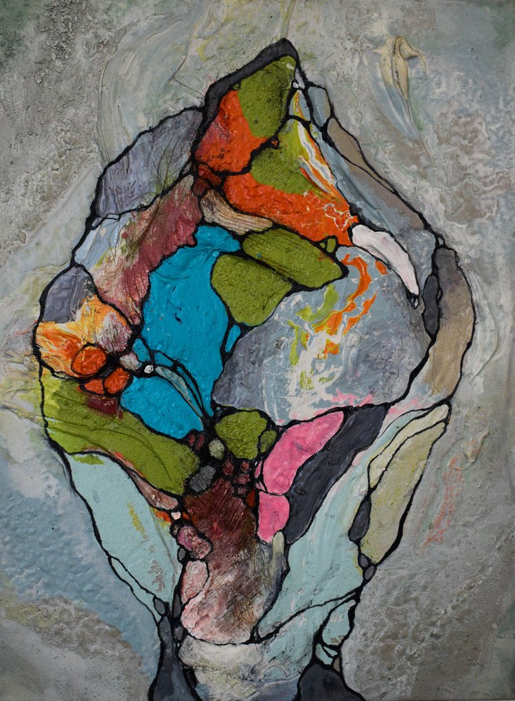 A mixed media on canvas artwork with an abstract composition featuring various colors and textures.