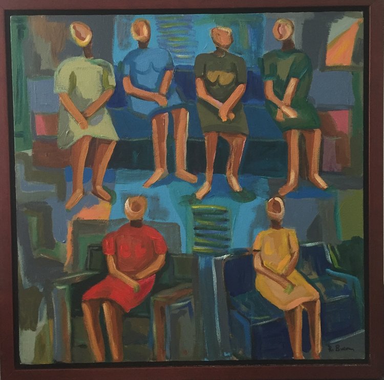 A framed oil on canvas painting featuring abstract figures in various colors seated in an arrangement against a blue background.