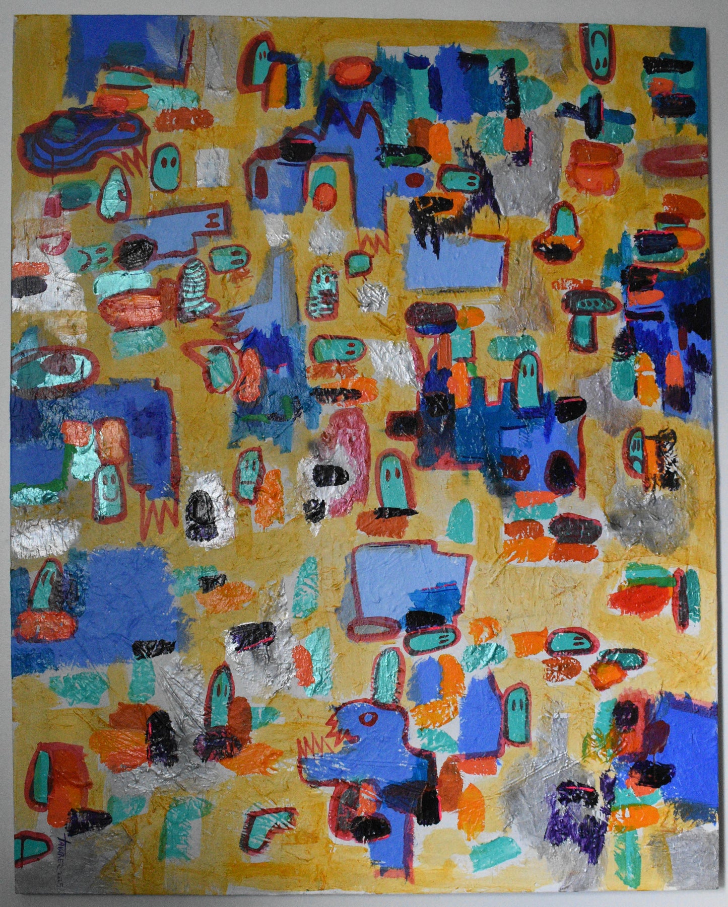 Vibrant abstract painting featuring a variety of colors including blue, red, yellow, and purple with textured brush strokes on a yellow background.