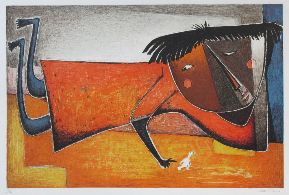A lithograph print featuring a stylized, abstract representation of a girl with a bird on her shoulder, primarily in warm colors.