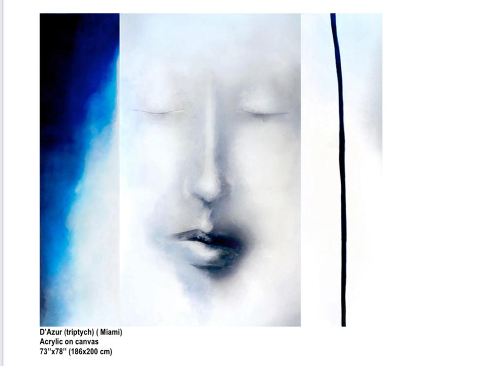 acrylic trptych depicting a fmale face and black, and blue strokes on a white background