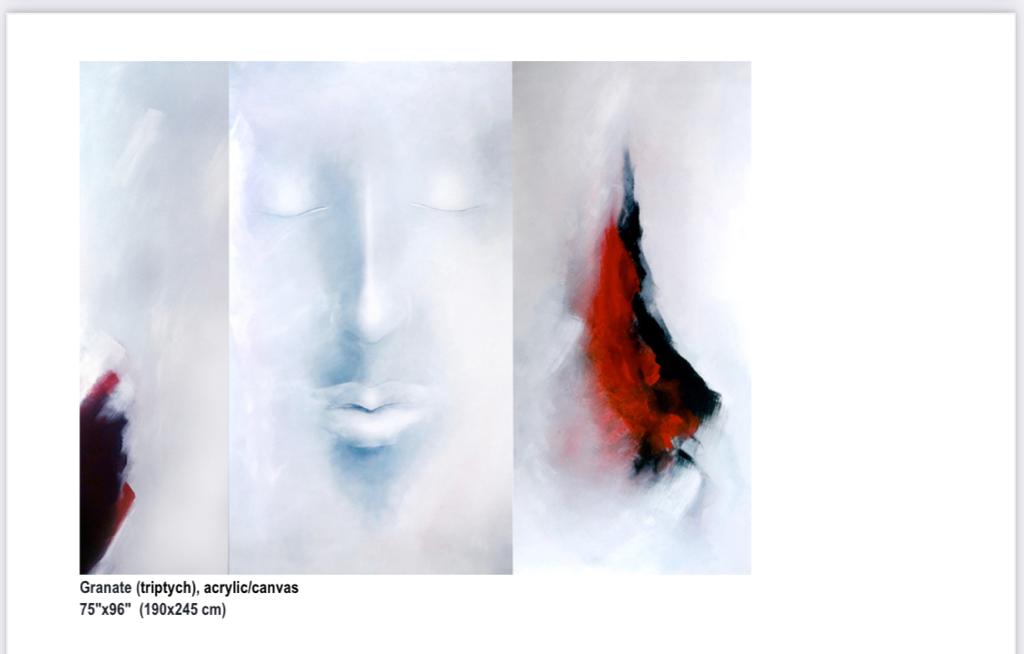 acylic tryptich featuring a female face and red, black, and blur strokes on a white background