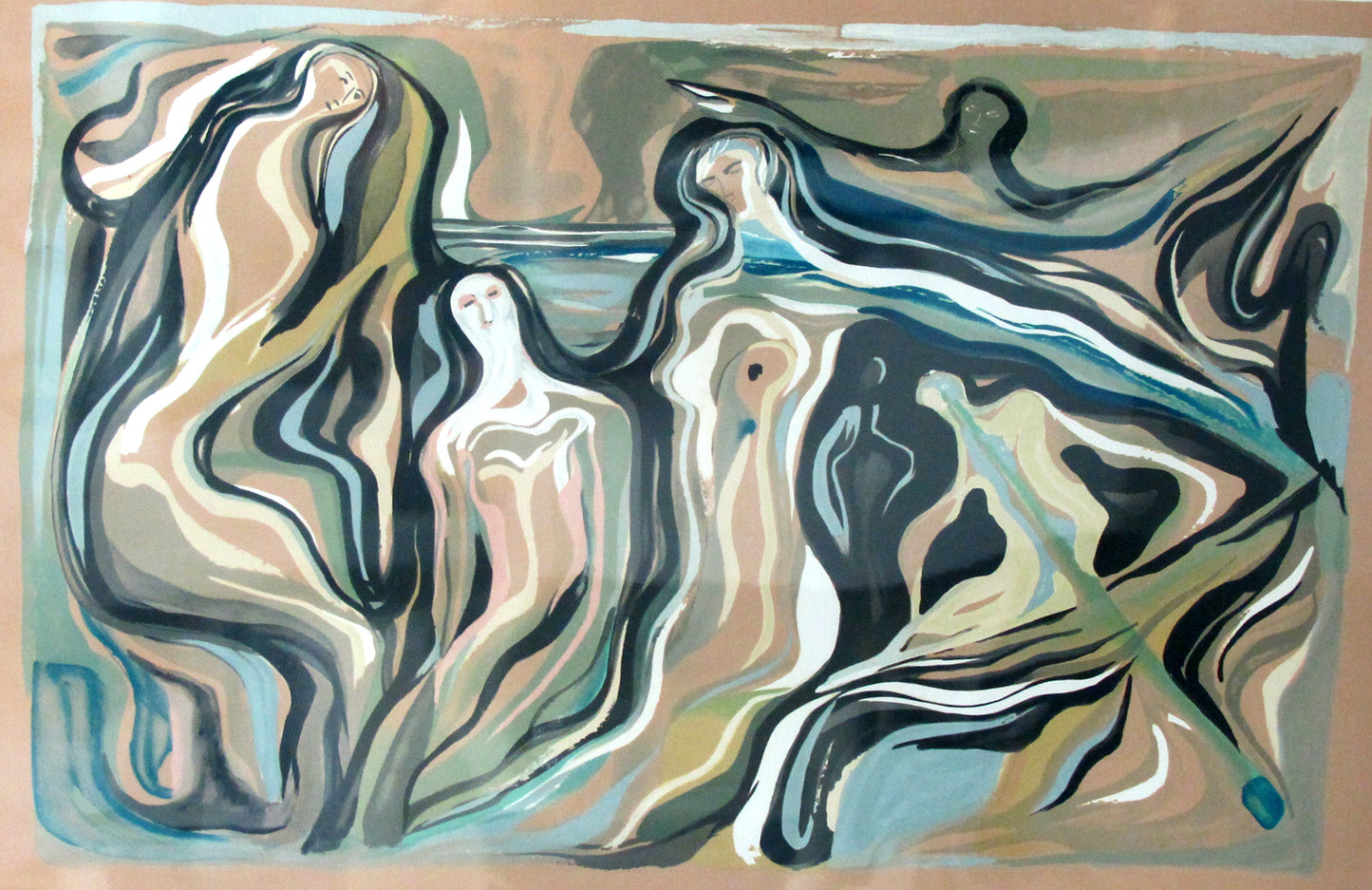 A lithograph with abstract figures in blue and beige tones on a light background.