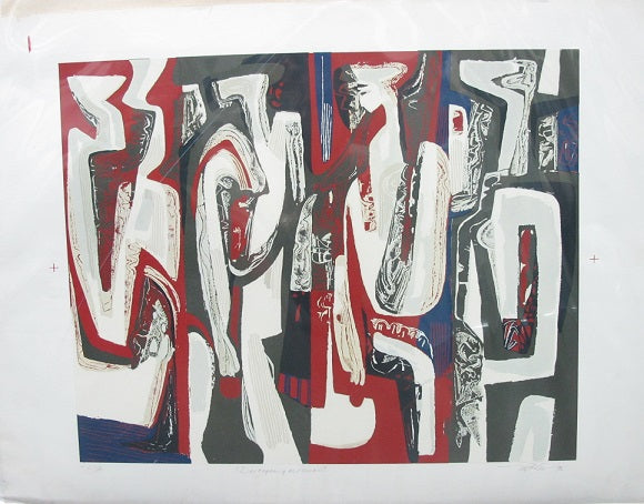 Abstract artwork with thin white shapes on a background made up of red and black stripes
