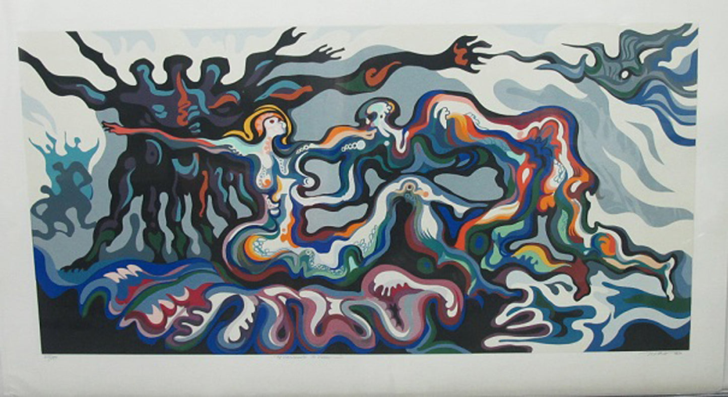 A vibrant, abstract painting featuring a figure with multiple arms and a tree in the background, set on a dark background with a brightly colored, swirling pattern.