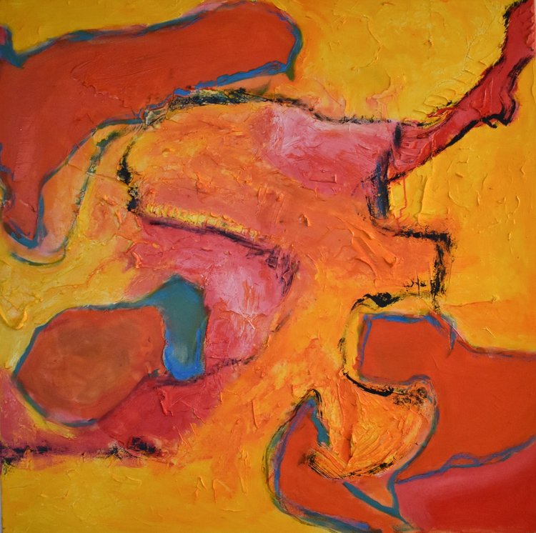An abstract acrylic painting featuring a mix of warm and cool colors on a yellow background.