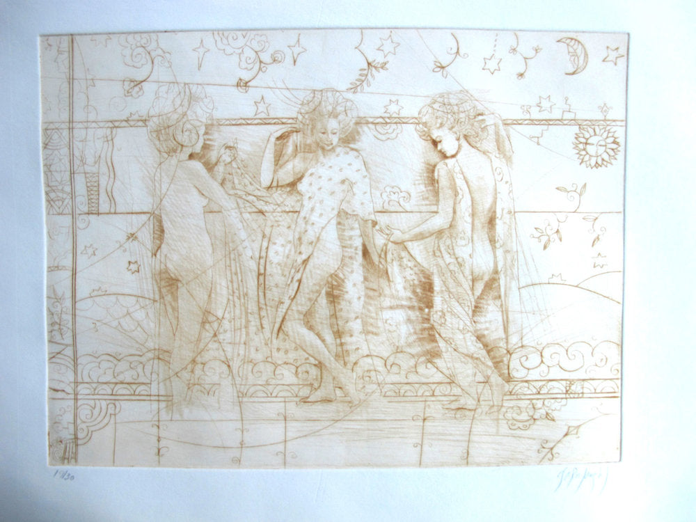 An artwork titled 'Las Tres Gracias' by Csaba Markus featuring engravings of three figures in a dance pose with decorative elements and floral motifs.