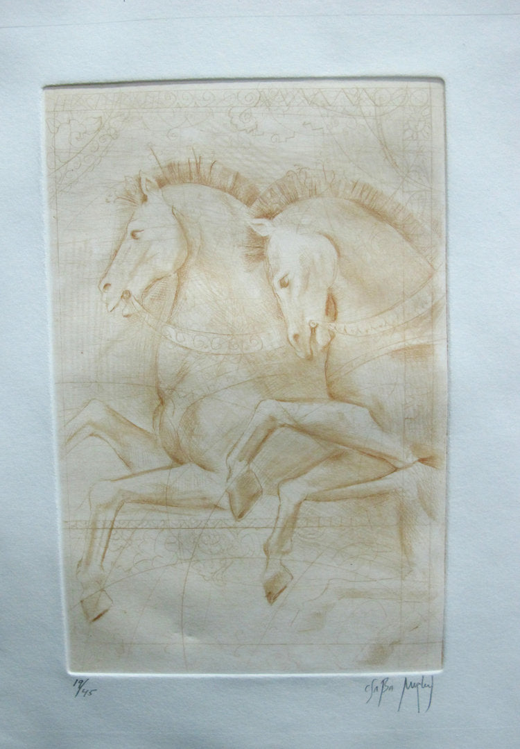 A serigraph of two horses with a dark background, created by Csaba Markus.