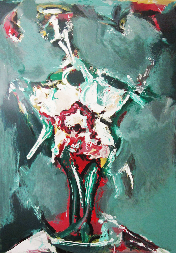 A serigraph painting featuring an abstract representation of a vase with multiple colors on a dark background.