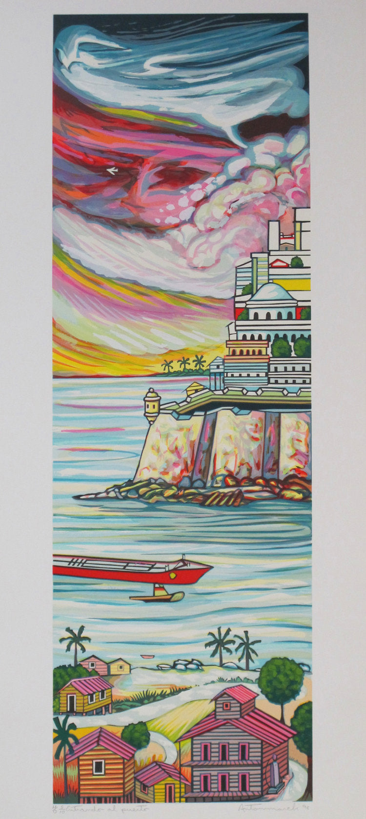Vertical artwork depicting a coastal scene of houses and a boat approaching the port of Old San Juan