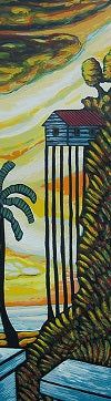 Vertical artwork showing a coastal scene with vegetation, a palm tree, and a treehouse