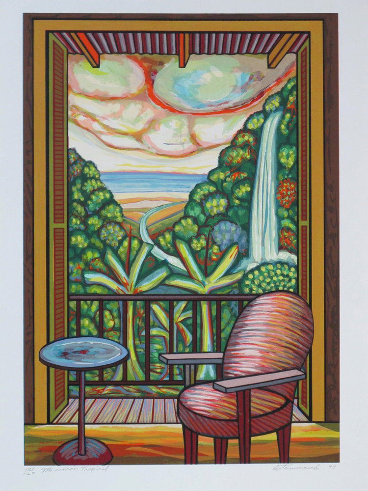 A colorful serigraph artwork featuring a tropical scene with a chair, a table, and a view of a waterfall and forest.
