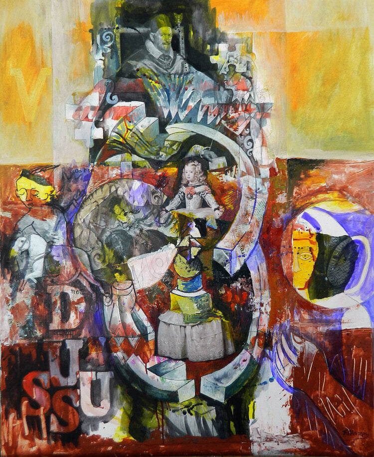 Mixed media ork with collage and painting elements featuring typography and royal figures.