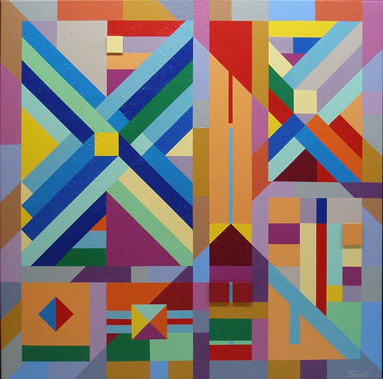 Abstract paiinting with geometrical linear patterns in a colorful palette