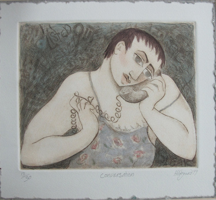 A black and white image of a serigraph print featuring a woman with a contemplative expression, holding a phone to her ear, titled 'Conversation' by HILDEGARD.