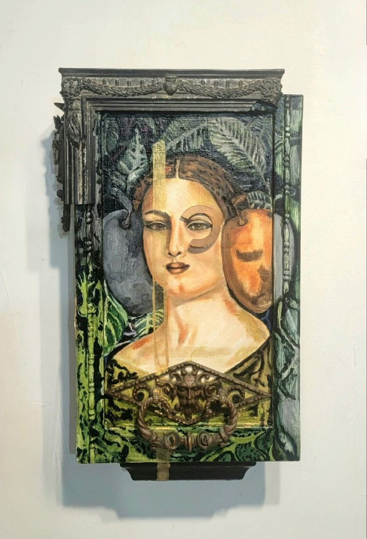 A mixed media artwork featuring a portrait of a woman with a fruit in the background, framed in a dark color.