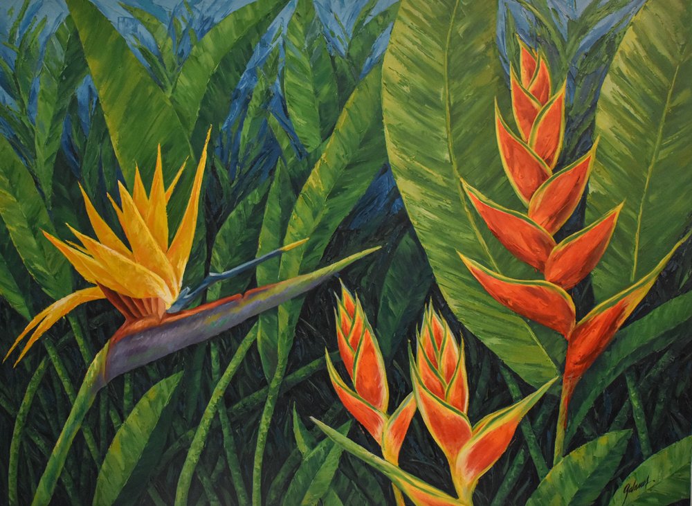 A painting titled 'Coloquio floral' by Ivonne Galanes featuring oil on canvas with a depiction of a tropical floral scene with vibrant colors and textured brush strokes.