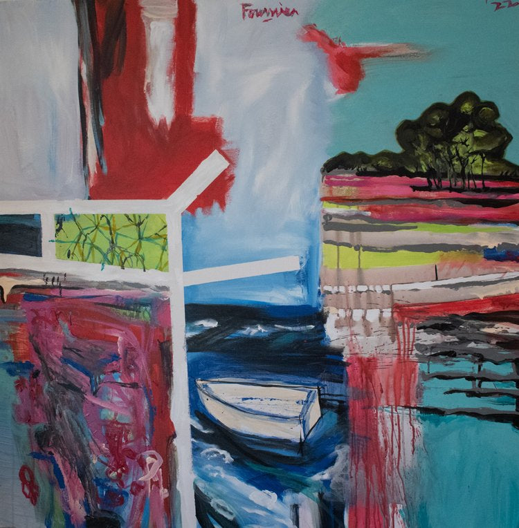 An abstract acrylic painting on canvas featuring a boat and a shack with vibrant colors and a turbulent sea.