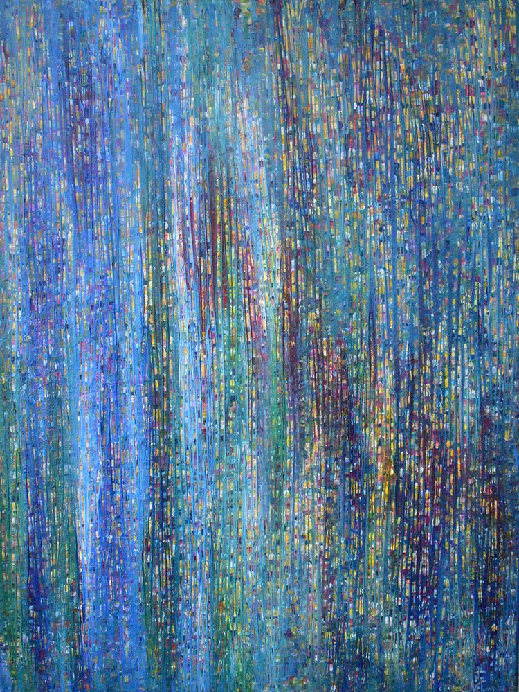 An abstract acrylic on canvas painting featuring a mosaic of blue and green colors.
