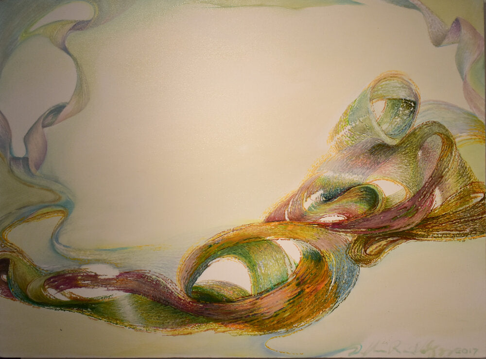 Abstract artwork with a colorful swirly pattern on a warm background