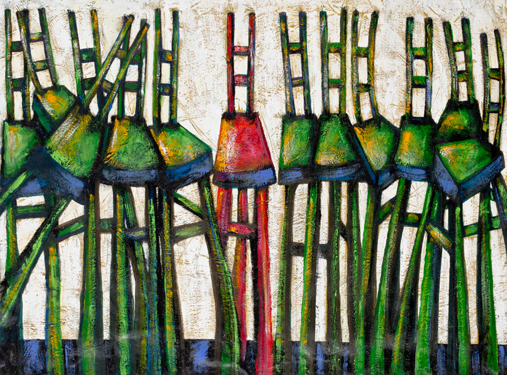 An abstract painting featuring a series of long structures in green, red, and blue on a white background.