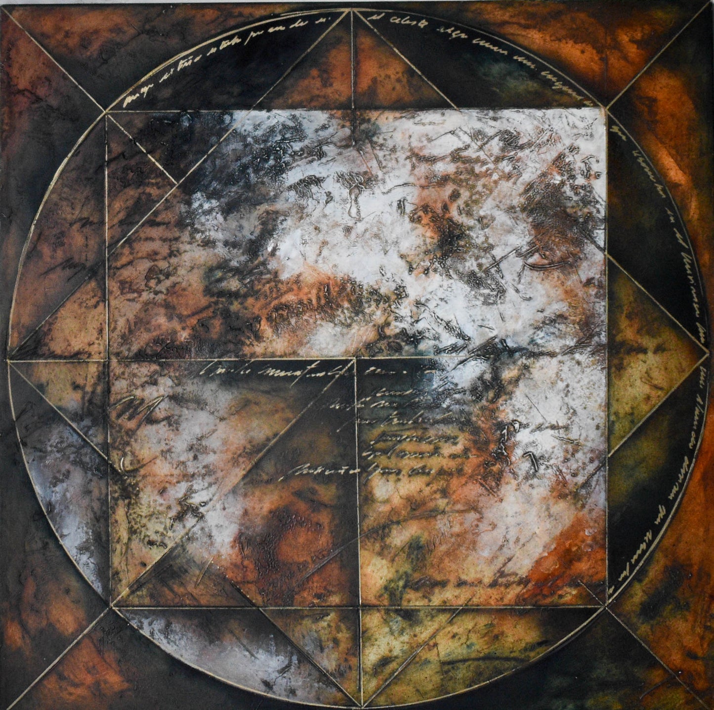 A geometric-patterned oil painting on canvas featuring a central square with a geometric design and written text, surrounded by a border of the same geometric pattern.