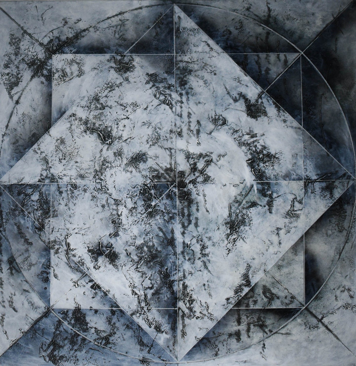 Abstract oil painting made of geometric shapes and geometric patterns in cool grey and black hues.