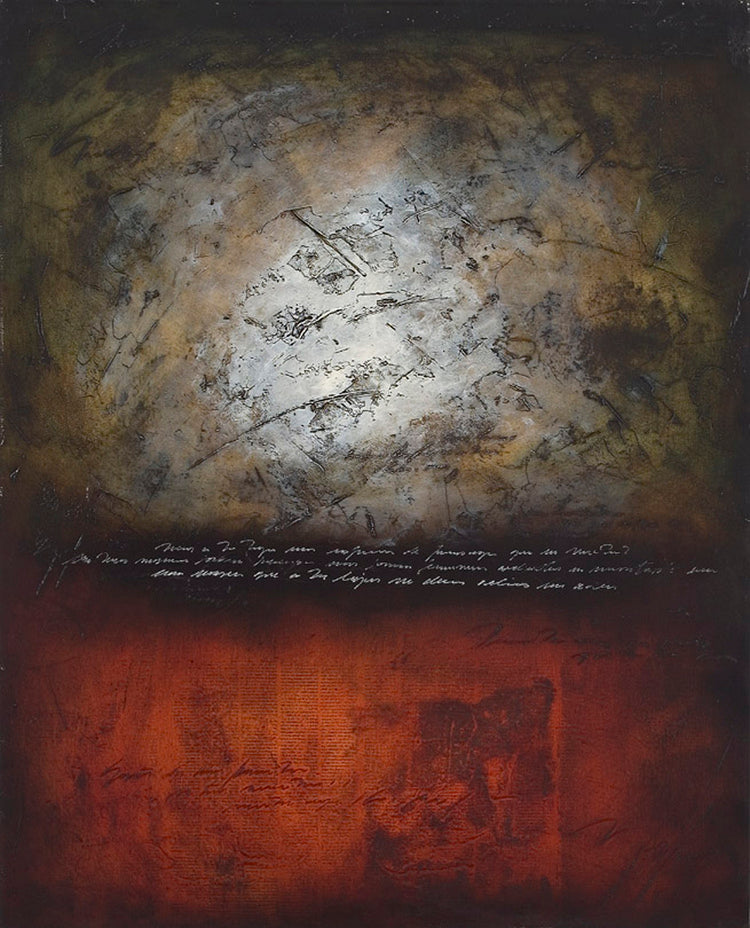 An abstract oil painting with a central gray area and red and brown tones on the sides.