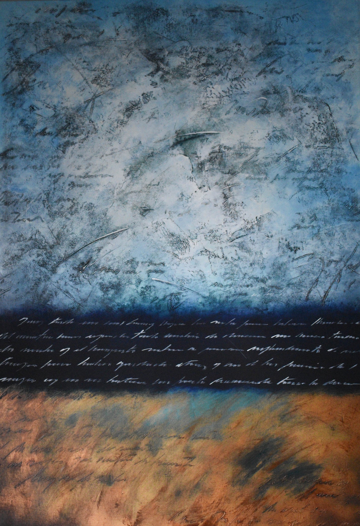 An abstract oil painting on canvas featuring swirls of blue, black, and brown with text elements.