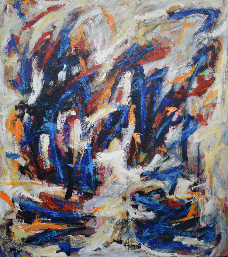An abstract acrylic painting on canvas featuring swirls of blue, orange, and white.