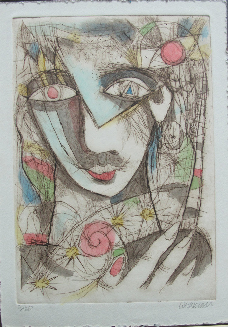 An artwork titled 'Going Out' by Martin Wenkidu, featuring an abstract, hand-colored etching of a female face with floral and geometric patterns.