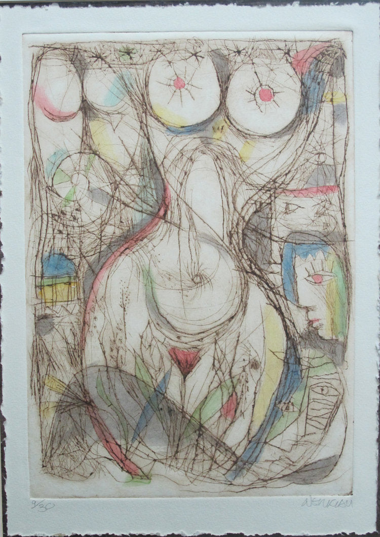 An artwork of a woman's body and abstract elements, featuring etching and hand colored serigraphs on paper.
