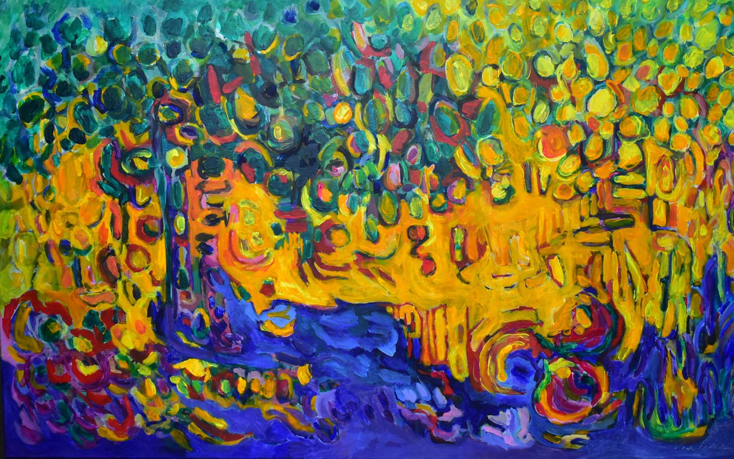 Abstract painting with vibrant colors and abundant movement and natural elements