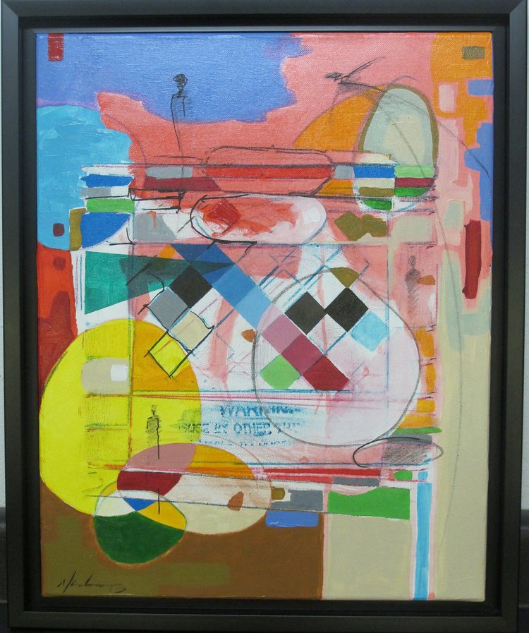 An original acrylic painting on canvas, multicolored with geometric and abstract patterns, framed in a black frame.