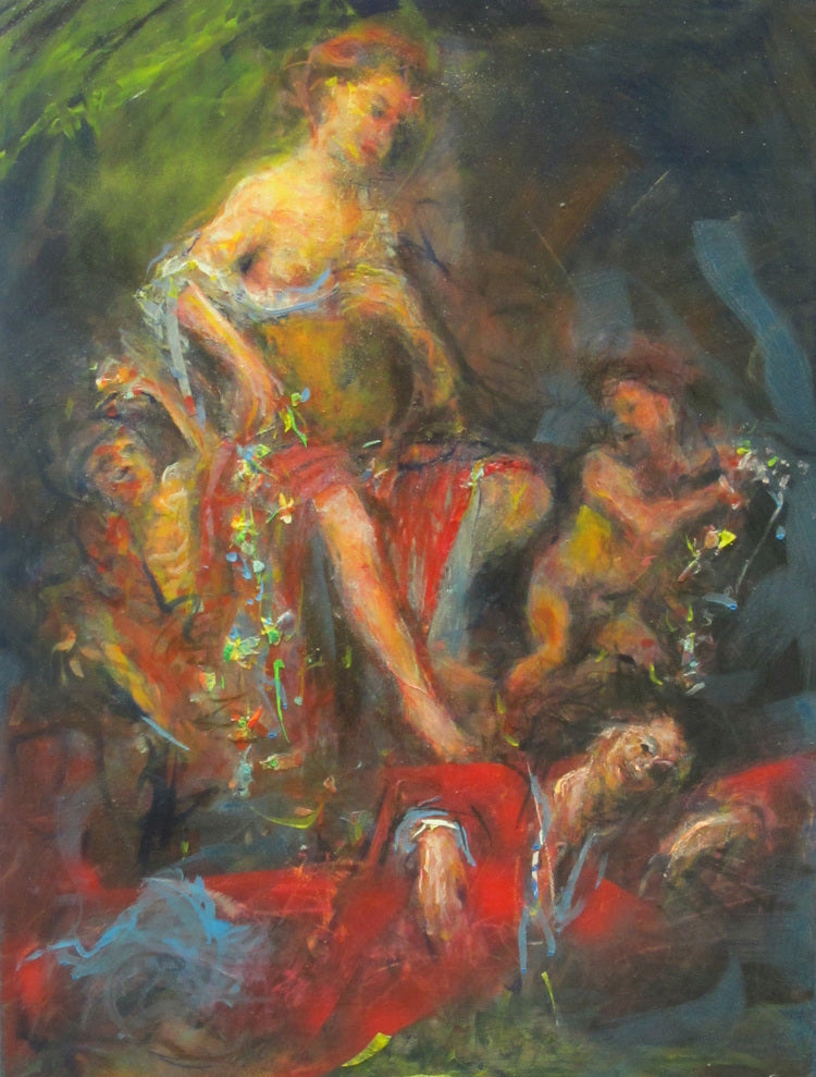 A painting featuring a mythological scene with multiple characters on a canvas background.