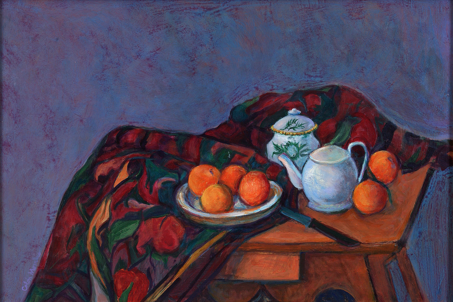 Still life painting of oranges and teapots in a floral blanket laid on a wooden table