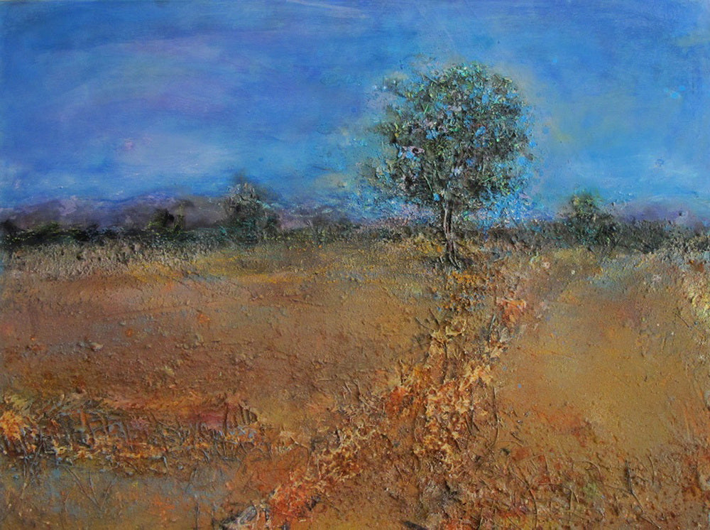 Abstract textured artwork of a lone tree in a savannah