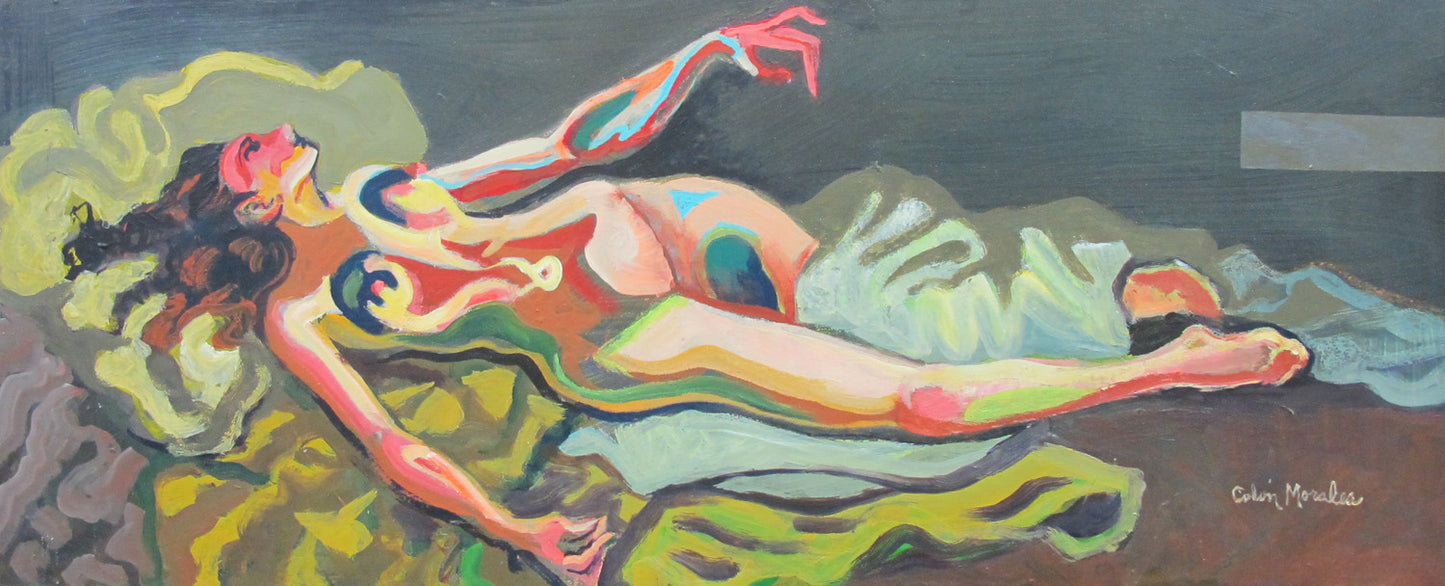 An abstract painting of a female figure lying down, with vibrant green, blue, and red colors on a dark background.