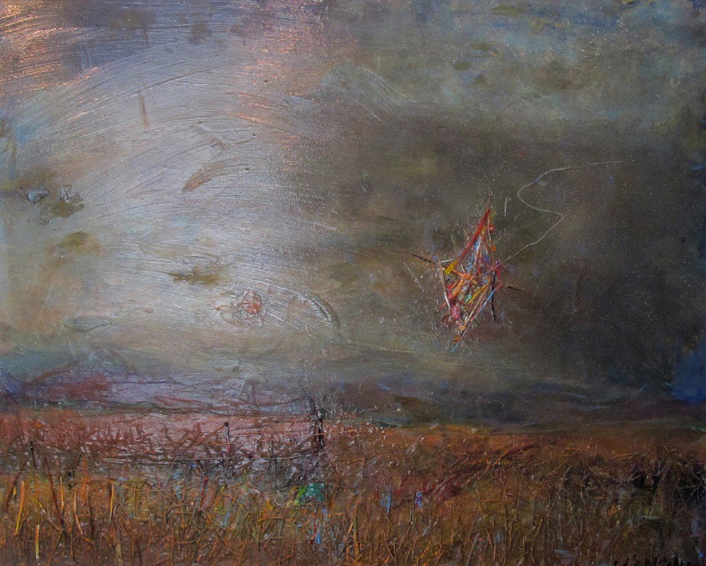 An acrylic on canvas painting featuring a stormy landscape with a figure flying against the sky.