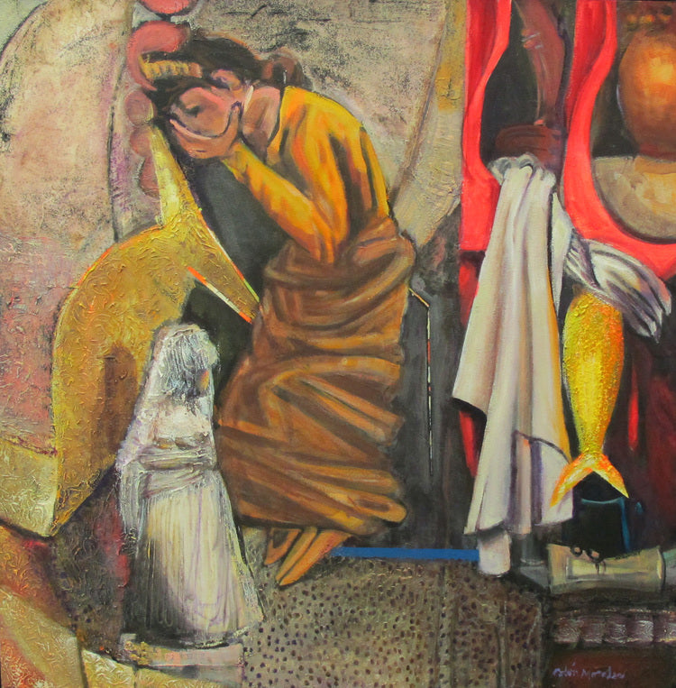 Painting depicting a woman sitting with her hands on her face surrounded by utensils. There is a small white figure in front of her