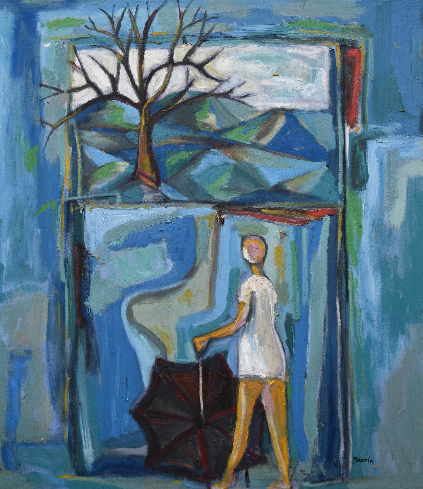 Abstract painting of a person with an umbrella and a tree, set against a blue background.