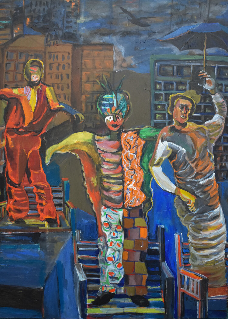 Painting portraying vejigante figures dancing together with a background of buildings