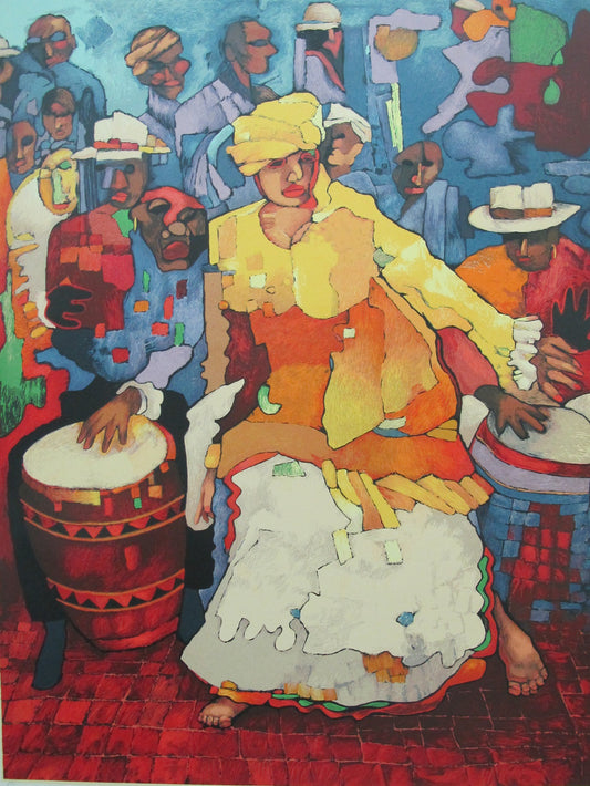 A colorful serigraph artwork featuring a group of people dancing, with a focus on a female figure playing a drum.