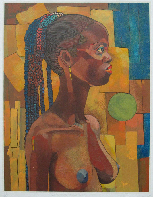 A colorful serigraph featuring an abstract portrait of a woman with African heritage.