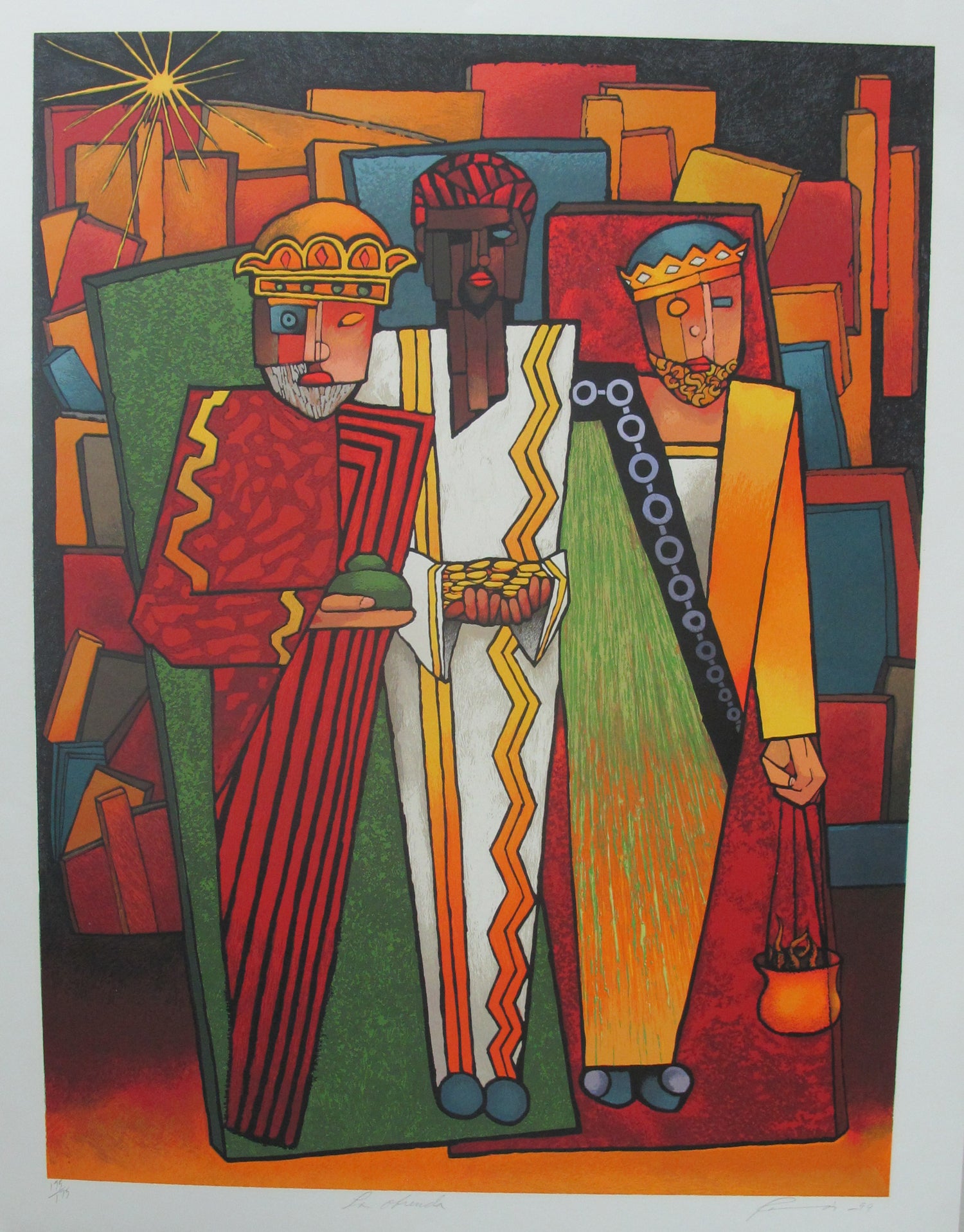 A colorful artwork featuring three stylized figures, the three kings, with vibrant clothing and accessories against a vivid background.