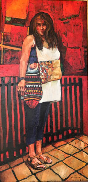 Oil on canvas painting featuring a portrait of a woman, with a vibrant red and orange background, and a textured white garment she is wearing.