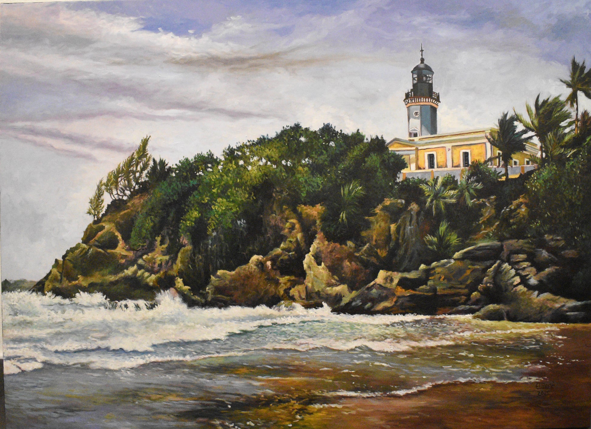 A canvas painting depicting a lighthouse on a clifftop near the sea, with lush greenery around it.