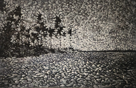 Black and white landscape with trees and a sunset over water