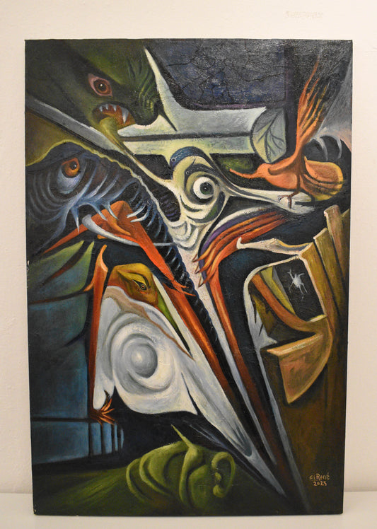 Abstract animal painting with swirling patterns and vibrant colors